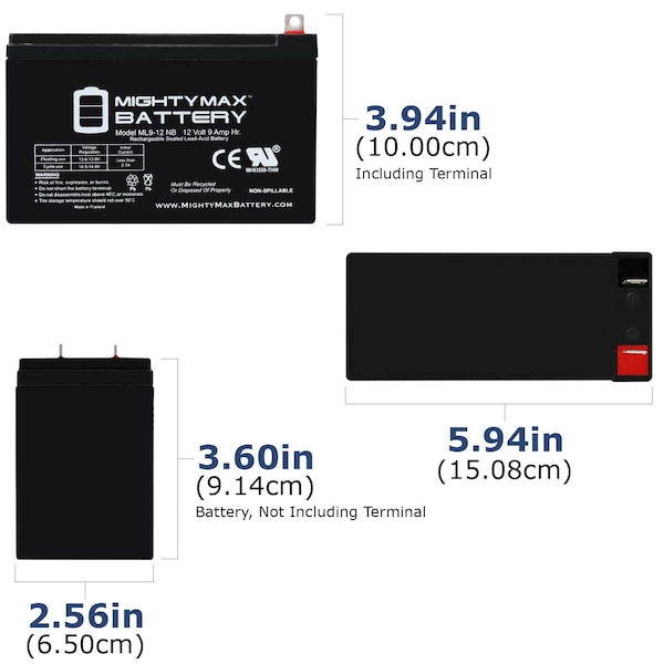 12V 9AH SLA Replacement Battery For BB SHR10-12-B0 - 2PK